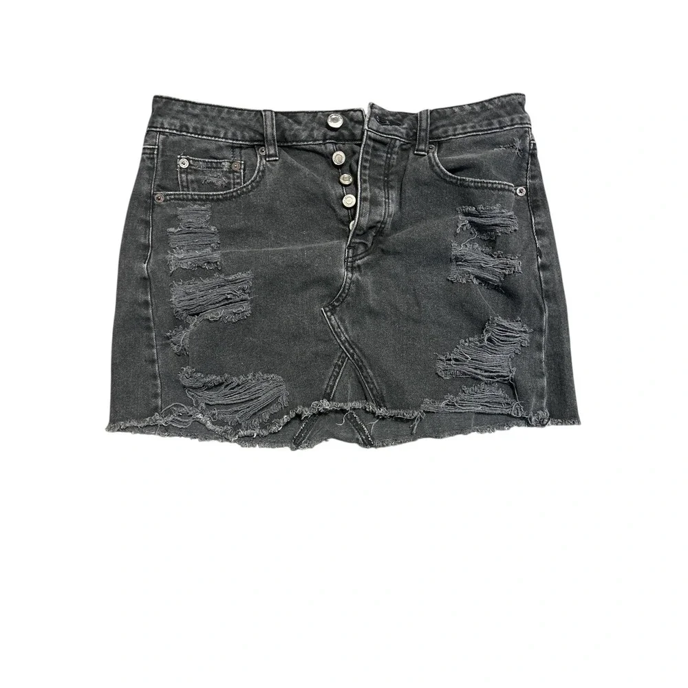 American Eagle Black Denim Mini Skirt distressed destroyed Button Fly‎ Size 8
